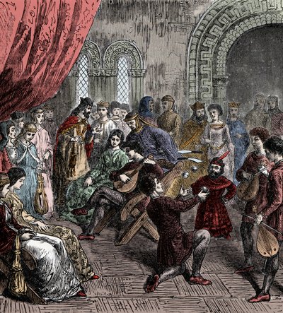 Minstrels and Jugglers at Court (نقش ملون يدويًا) بواسطة المدرسة الفرنسية