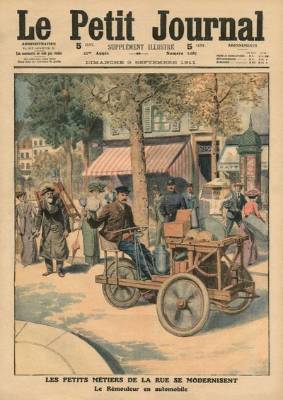 تحديث وظائف الشارع ، مطحنة السكين في سيارته ، توضيح من `` Le Petit Journal &39;&39; ، ملحق Illustre ، 3 سبتمبر 1911 (لون ليثو) بواسطة المدرسة الفرنسية