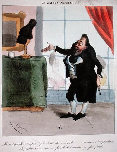 Monsieur Mayeux ، صانع Wigmaker ، حوالي عام 1840 (لون ليثو) بواسطة المدرسة الفرنسية