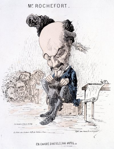 Monsieur Rochefort بحثًا عن مقالات كتبها Untel. رسم كاريكاتوري عن روشفور والكومونة. بواسطة المدرسة الفرنسية