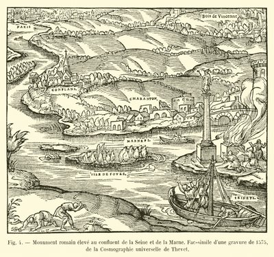 نصب تذكاري روماني مرتفع عند التقاء نهر السين والمارن ، فاكس نقش من عام 1575 ، من علم الكون العالمي في Thevet بواسطة المدرسة الفرنسية
