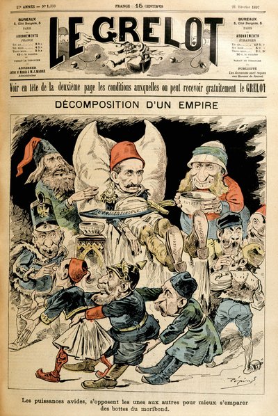 تركيا الموريبوند والقوى الأجنبية التي تقاتل من أجل حذائه ، تغطي "لو غريلوت" 21/2/1897. بواسطة المدرسة الفرنسية