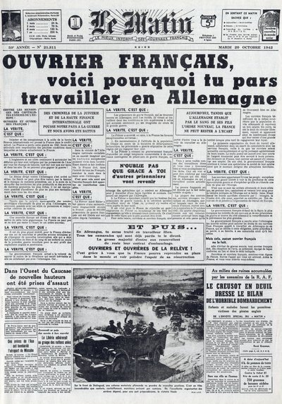 جريدة الصباح رقم 21311 بتاريخ 20 أكتوبر 1942: The Sto - خدمة العمل الإجبارية - لماذا تذهب للعمل في ألمانيا - بواسطة المدرسة الفرنسية