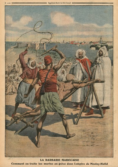 بربرية مغربية ، كيف يتم التعامل مع البحارة المضربين ، توضيح من `` Le Petit Journal &39;&39; ، ملحق Illustre ، 24 أبريل 1910 بواسطة المدرسة الفرنسية
