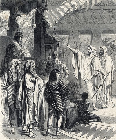 موسى وهارون يزوران الفرعون (موسى وهارون يزوران الفرعون) نقش من "التاريخ المقدس" بواسطة لاهور القرن التاسع عشر بواسطة المدرسة الفرنسية