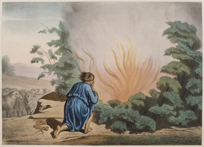 موسى والبوش المحترق ، رسم توضيحي من التعليم المسيحي Listoire Sainte ، نشره تشارلز ديلاجراف ، باريس ، أواخر القرن التاسع عشر بواسطة المدرسة الفرنسية