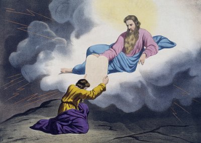 موسى يتلقى أقراص القانون ، التوضيح من التعليم المسيحي Listoire Sainte ، نشره Charles Delagrave ، باريس ، أواخر القرن التاسع عشر بواسطة المدرسة الفرنسية
