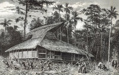 مسجد في دودينغا ، غينيا الجديدة ، صورة توضيحية من مجلة Le Tour du Monde ، 1879 بواسطة المدرسة الفرنسية