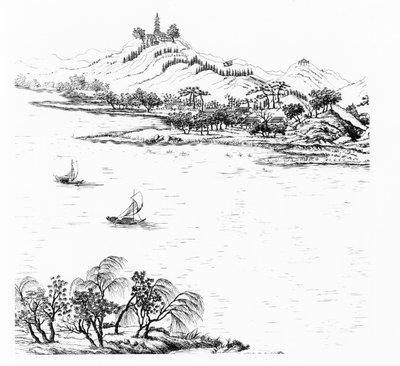 جبل تشانغ وبحيرة تشو ، من Jardins Anglo-Chinois a la Mode ، بقلم جورج لويس لو روج ، تم نشره في الفترة من 177-88. بواسطة المدرسة الفرنسية