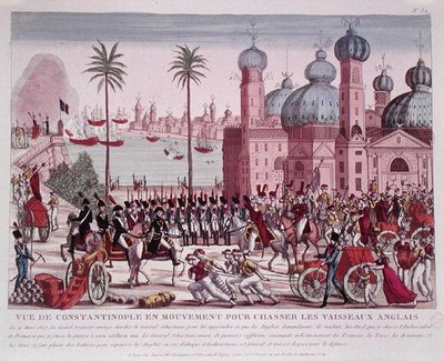 حركة القوات لإجبار السفن الإنجليزية من القسطنطينية ، 21 مارس 1807 (نقش ملون) بواسطة المدرسة الفرنسية