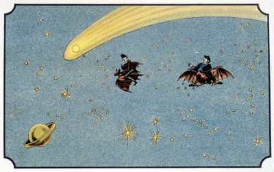 السيد بابوليفيش وخادمه بابافوين يركبان خفاشًا في الفضاء - في "" Voyage dans la lune "لـ A. de Ville-d'Avray بواسطة المدرسة الفرنسية