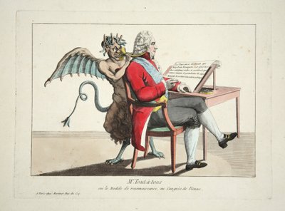 السيد Tout-a-tous أو نموذج الاعتراف ، في مؤتمر فيينا ، حانة. 1815 (نقش ملون) بواسطة المدرسة الفرنسية