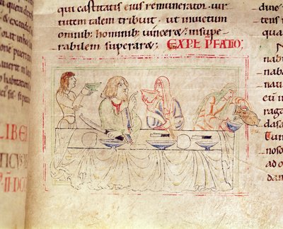 Ms.1215 t.3 fol.158v ، وجبة مع جوديث وهولوفرنيس ، من الكتاب المقدس لإتيان هاردينج ، 1109 بواسطة French School