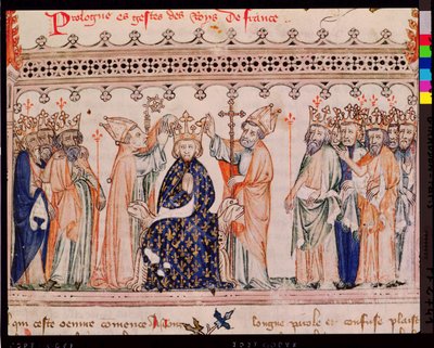 Ms.1469 f.1 تكريس ملك فيليب الثالث لو هاردي (1245-85) ملك فرنسا ، من Grandes Chroniques de France ، 1375-79 بواسطة المدرسة الفرنسية