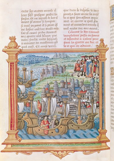 Ms.18 f.109v إدوارد الرابع من إنجلترا هبط في كاليه ، من Memoires de Philippe de Commines بواسطة المدرسة الفرنسية