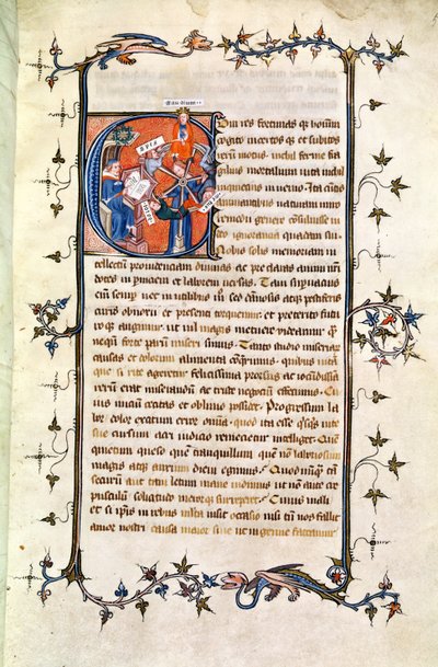 Ms.239 fol.1 صفحة مع بداية أولية تصور رجلًا جالسًا أمام عجلة الحظ ، من "De Remediis Utriusque Fortunae" بواسطة Petrarch (1304-74) بواسطة المدرسة الفرنسية