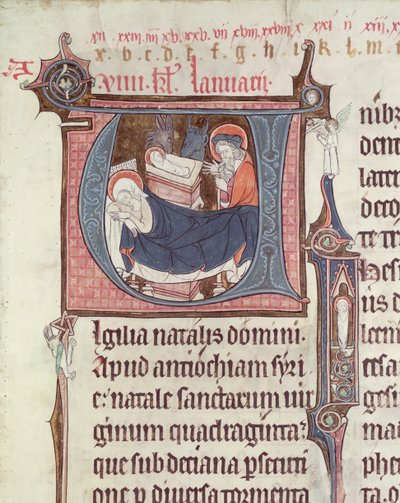 Ms.838 fol.55 بالأحرف الأولى من التاريخ U وأنا تصور الميلاد والمسيح الرضيع ، من Obituaire de Notre Dame de Pres ، بعد 1270 (انظر أيضًا 155905) بواسطة المدرسة الفرنسية