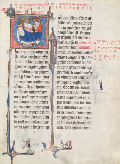Ms.838 fol.55 بالاحرف الاولى التأريخية "U" و "I" التي تصور الميلاد والمسيح الرضيع ، من "Obituaire de Notre Dame de Pres" ، بعد عام 1270 (انظر أيضًا 155905) بواسطة المدرسة الفرنسية