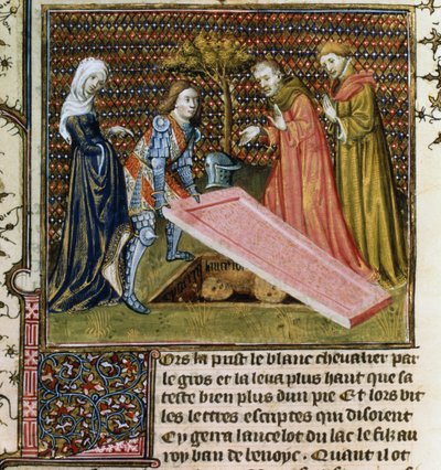 Ms.Fr.118 f.190 لانسلوت يرفع الحجر عن قبره السابق ويعرف اسمه ونسبه ، من Livre de Messire Lancelot du Lac بواسطة المدرسة الفرنسية