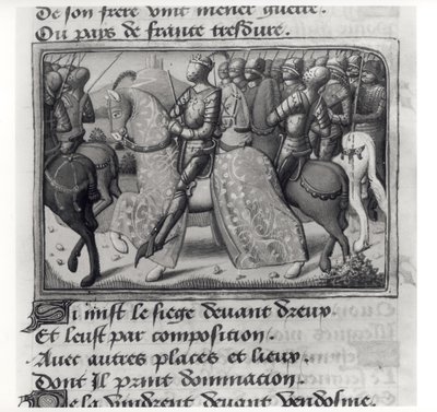 Ms.Fr.5054 fol.26 r Charles VII (1403-61) and Joan of Arc at the Siege of Dreux، from Les Vigiles de Charles VII by Martial dAuvergne or de Paris (1430-1508) 1484 بواسطة المدرسة الفرنسية