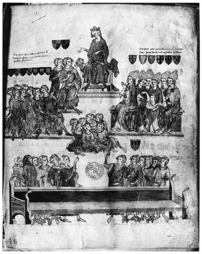 Ms.Fr. 18437 فل. 2 محكمة الأقران برئاسة فيليب السادس (1293-1350) من Proces de Robert III dArtois (1287-1342) comte de Beaumont ، 1336 (انظر أيضًا 85900) بواسطة المدرسة الفرنسية