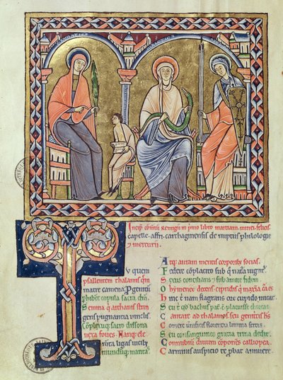 السيدة 1041 f.1v القواعد واللهجة والبلاغة من Satyricon بواسطة Martianus Capella ، c.1200 بواسطة المدرسة الفرنسية