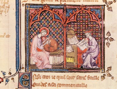 السيدة 1044 Fol.16v الكلمة ، خالق العالم والمؤلف يكتب كتابه ، من Ovide Moralise بقلم كريتيان ليجوايس بواسطة المدرسة الفرنسية