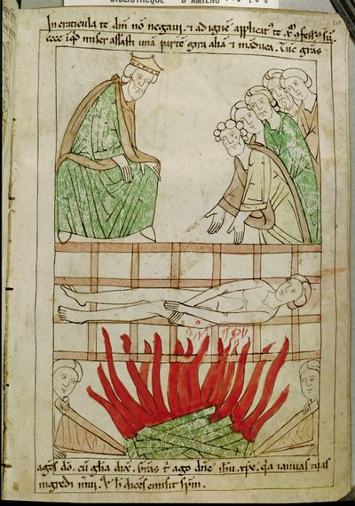 السيدة 108 fol.213 استشهاد القديس لورانس عام 258 بعد الميلاد ، من كتاب مقدس بواسطة المدرسة الفرنسية