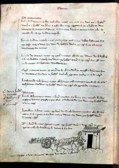 السيدة 1175 f.8v مزارع مع حصانه وعربة ، من Vieil Rentier dAudenarde ، 1291-1302 بواسطة المدرسة الفرنسية