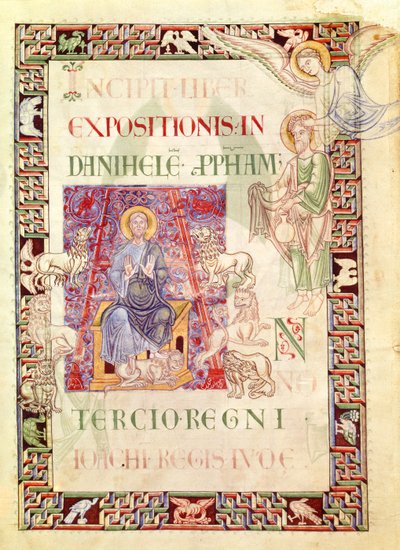 السيدة 132 f.2v دانيال في أسود دين بنك الاحتياطي الفيدرالي بواسطة Habakkuk ، من Explanatio in Prophetas et Ecclesiasten بواسطة St. Jerome بواسطة المدرسة الفرنسية