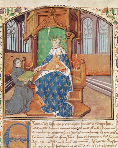 Ms 1468 fol.1 يقدم المؤلف كتابه إلى الملك تشارلز السابع من Les Chroniques de Monstrelet بواسطة المدرسة الفرنسية