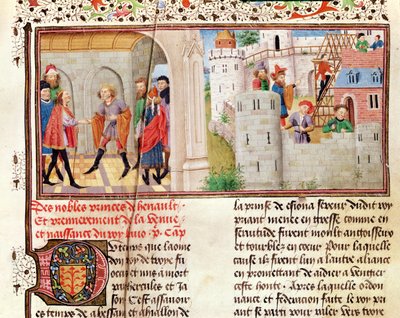 Ms 149 t.1 fol.16 اتفاقية وبناء قلعة ، من هيستوري دي نوبل أمراء دي هينو ، بقلم جاك دي جويز بواسطة المدرسة الفرنسية