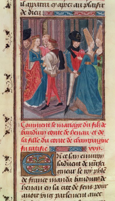 Ms 149 t.3 fol.105 زواج بالدوين السادس وماري ، ابنة كونت الشمبانيا ، من هيستوار دي نوبل برنسيس دي هينو ، بقلم جاك دي جويز بواسطة المدرسة الفرنسية