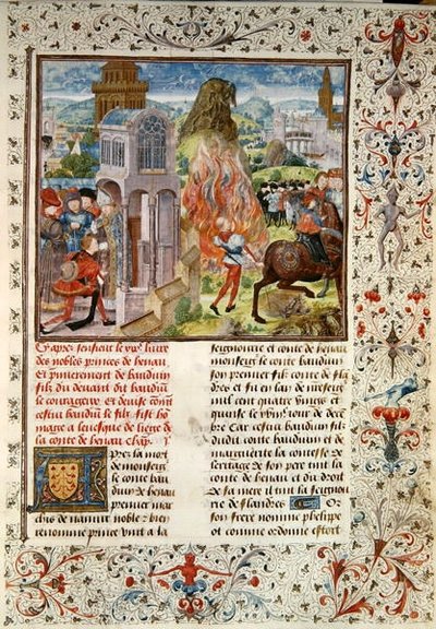 Ms 149 t.3 fol.172 خلافة بالدوين السادس بعد وفاة والده هيستوار دي نوبل أمراء دي هينو بواسطة جاك دي جويز بواسطة المدرسة الفرنسية