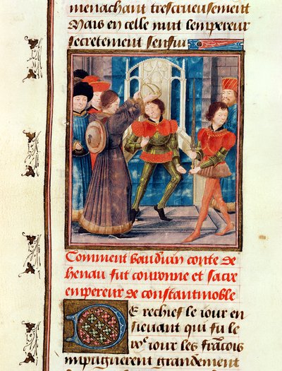 السيدة 149 t.3 fol.183v كيف توج بالدوين الأول (1171-1205) الكونت السادسة لهينو ، كإمبراطور القسطنطينية عام 1204 ، من هيستوار دي نوبليس أمراء دي هينو ، بواسطة جاك دي جويز بواسطة المدرسة الفرنسية