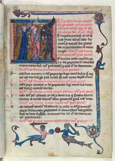 السيدة 16261 fol.13v سانت جينيفيف يقاتل شيطانًا بمساعدة ملاك ، من Censier de lAbbaye Sainte-Genevieve بواسطة المدرسة الفرنسية