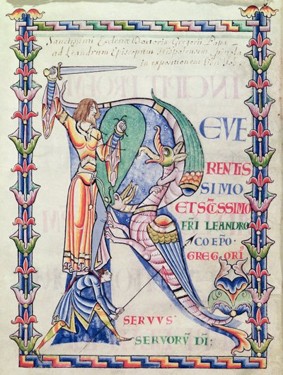 السيدة 168 f.4v R الأولي التاريخي الذي يصور فارسًا يحارب تنينًا ، من Moralia in Job بواسطة البابا غريغوريوس الكبير بواسطة المدرسة الفرنسية