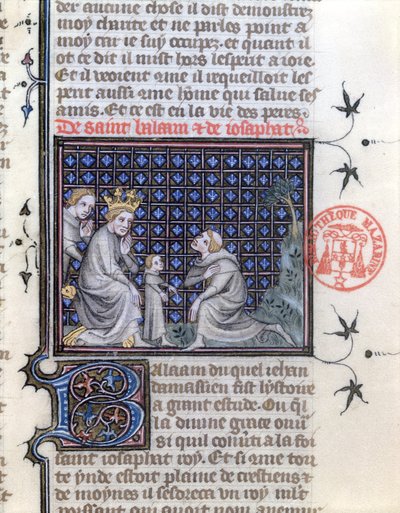 السيدة 1729 تعليم ابن الملوك ، رسم توضيحي لقصة بلعام وجوسيفات من Legenda Aurea بقلم Jacobus da Varagine ، ج 1370 بواسطة المدرسة الفرنسية