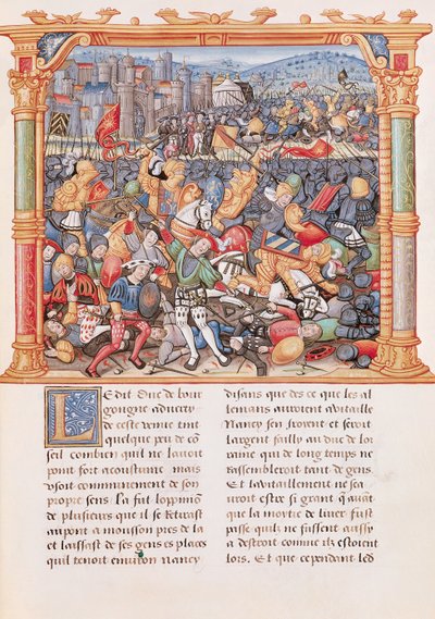 السيدة 18 fol.150r معركة نانسي عام 1477 ، من Memoires de Philippe de Commines بواسطة المدرسة الفرنسية