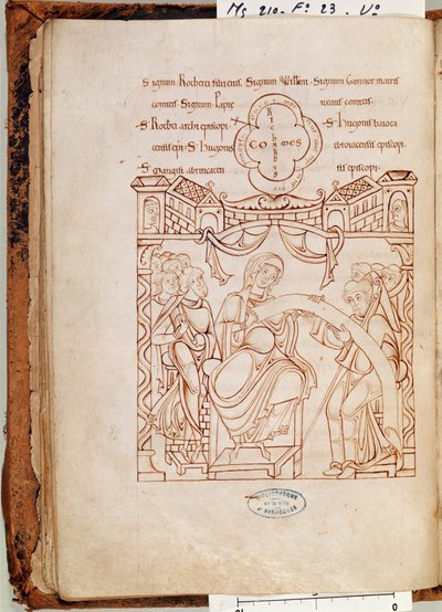 السيدة 210 fol.23v تبرع جونور ، دوقة نورماندي ، إلى دير مونت سانت ميشيل ، من كارتولاير دي مونت سانت ميشيل ، 1150s بواسطة المدرسة الفرنسية