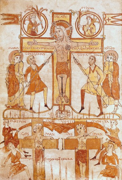 Ms 24 fol.7v الصلب وتقسيم ملابس المخلص ، من إنجيل بواسطة المدرسة الفرنسية