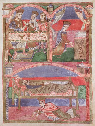 السيدة 250 f.24r St. Radegund (518-87) على مائدة Clothar I (497-561) ، في خطبتها وعند أقدام السرير الملكي ، من حياة St. Radegund بواسطة المدرسة الفرنسية