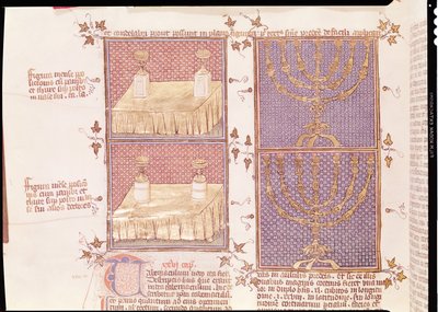 Ms 290 Tome 1 f.89v جدول القرابين والشمعدان ، من Postilles sur la Bible بقلم نيكولاس دي لاير بواسطة المدرسة الفرنسية