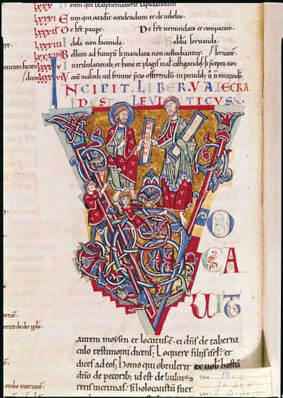 السيدة 2 fol.41v intial V التأريخي الذي يصور مشهدًا من سفر اللاويين ، من كتاب سانت بينين بواسطة المدرسة الفرنسية