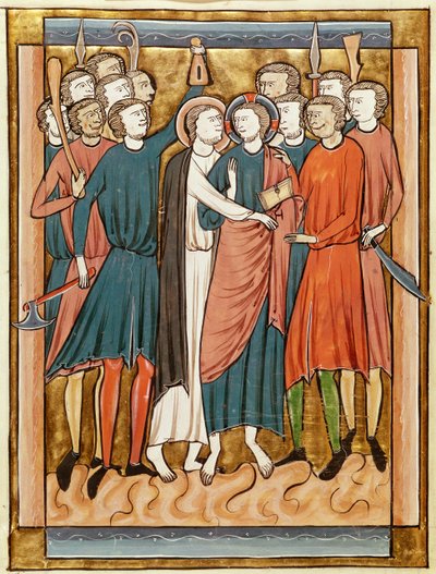 السيدة 3016 fol.15v قبلة يهوذا ، من Psautier a lUsage de Paris بواسطة المدرسة الفرنسية