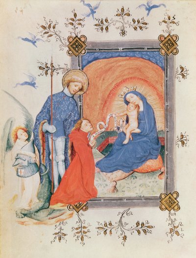 السيدة 3024 fol.12v العذراء والطفل مع راكع وسانت جورج ، من كتاب ساعات بواسطة المدرسة الفرنسية