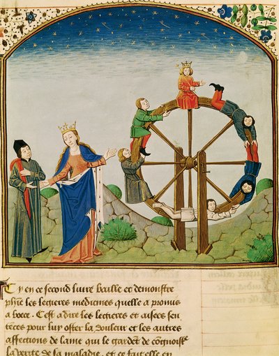 السيدة 3045 fol.22v Boethius مع عجلة الحظ ، من عزاء الفلسفة ، ترجمة جان دي ميونج بواسطة المدرسة الفرنسية