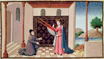 السيدة 3045 fol.68v تقدم فلسفة السيدة إلى Boethius الأجنحة التي ستمكن عقله من الطيران عالياً بواسطة المدرسة الفرنسية