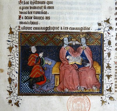 السيدة 312 الثالوث وشخصية المتبرع الراكعة ، صورة مصغرة من الكتاب المقدس هيستوريال غايارت دي مولان (ورق) بواسطة المدرسة الفرنسية
