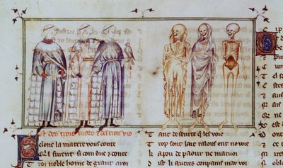 Ms 3142 fol.311r قصة الرجال الأحياء الثلاثة والرجال الثلاثة الميتين ، من Recueil de Poesies Francaises ، c.1280-90 بواسطة المدرسة الفرنسية